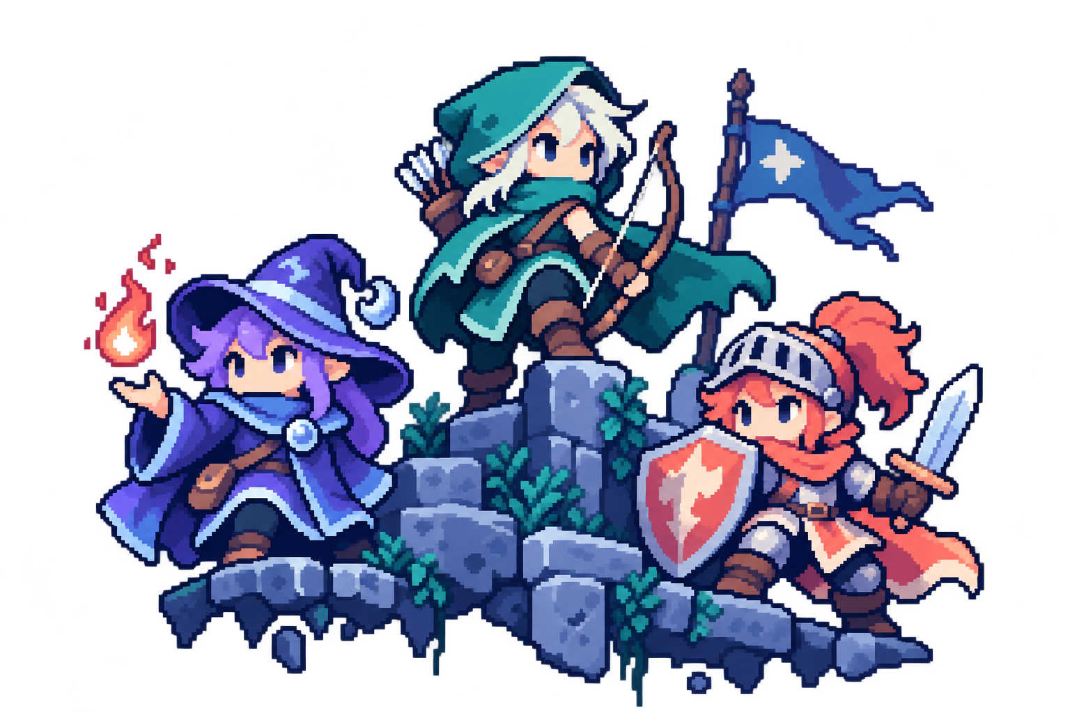 Pixel art of a wizard, archer and knight ready for battle